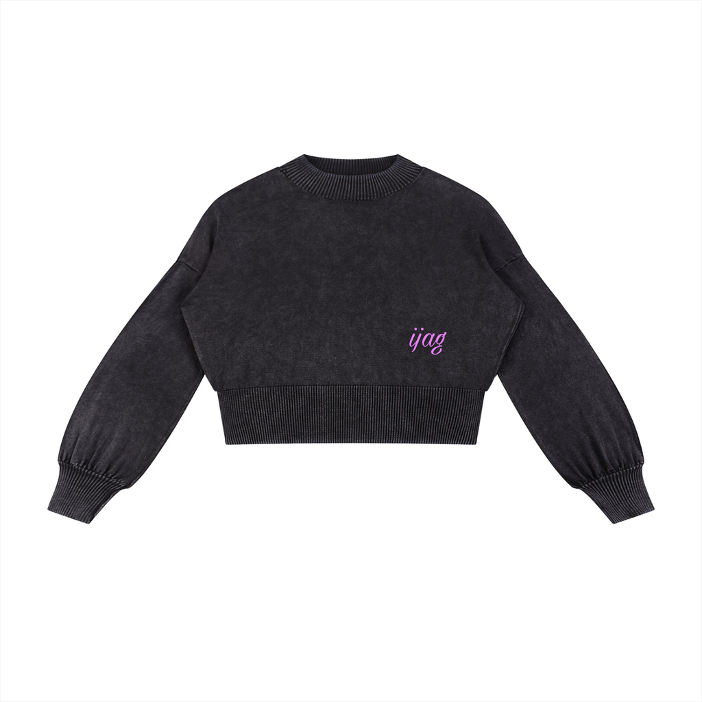 “IJAG” Washed Balloon Sleeve Cropped Sweater